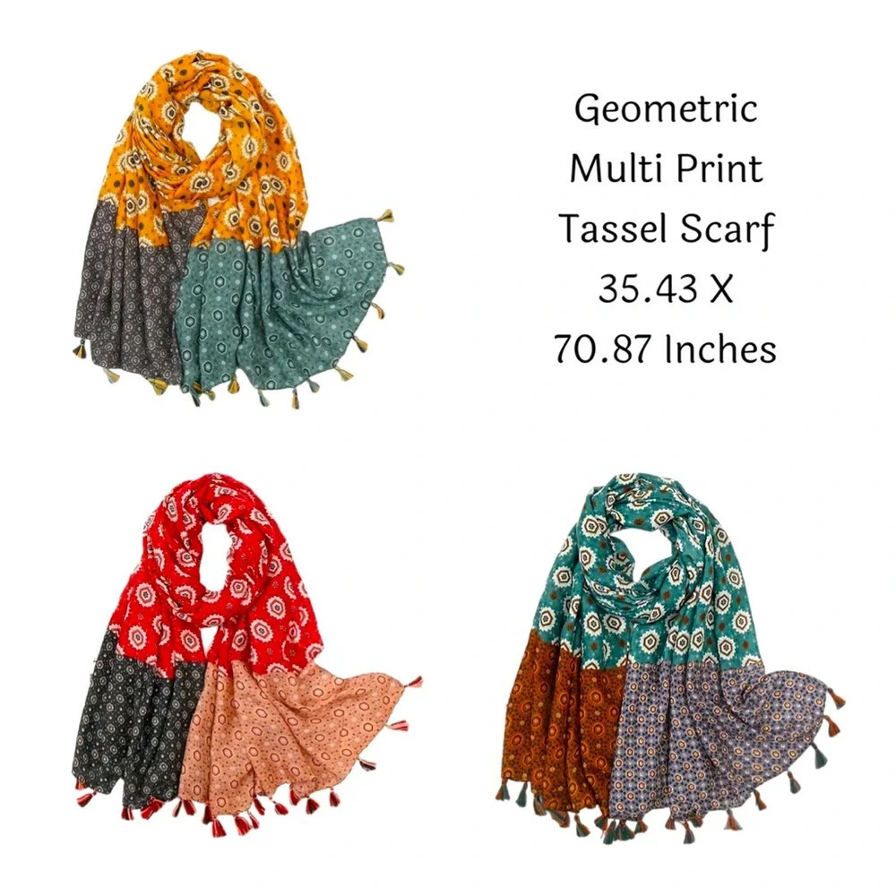 Geometric Print Silky  Lotus Tassel Shawl Thin Breathable Yarn Scarf/Shawl